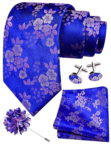 Image of GUSLESON 3.15 inch（8cm） Mens Floral Tie and Lapel Pin Necktie Hankerchief Cufflinks Set for Men