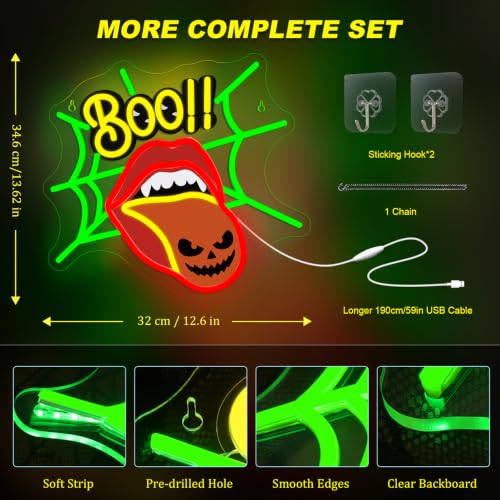 Image of Halloween Neon Sign BOO Neon Light Creepy Tongue Spider Web Wall Decor