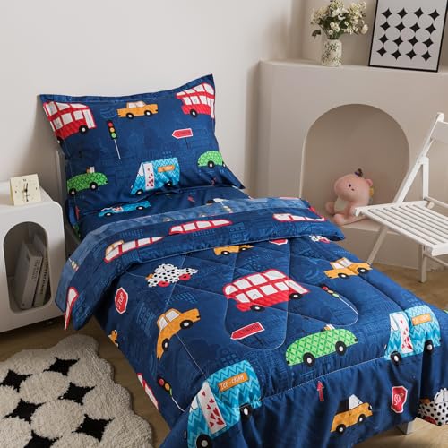 Image of Caressma Twin Size 5 Pieces Comforter Set Bed-in-a-Bag,Soft Fabric Print Cars,Buses & Traffic Lights.Includes Comforter, Fitted Sheet, Flat Sheet, Pillow Case & Pillow Shame for Kids