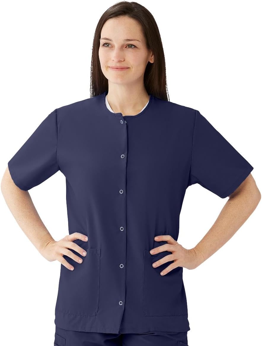 Medline AngelStat Women's Snap-Up Crewneck Scrub Top, Navy, 3X-Large