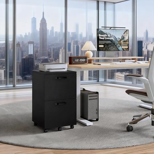 Image of Simple Deluxe 2 Drawer Filing Cabinet, Wood Rolling Filing Cabinets with Printer Stand, Under Desk Storage Lockable Wheels, Home Office Organizer for A4 Letter Legal Size Documents,Black