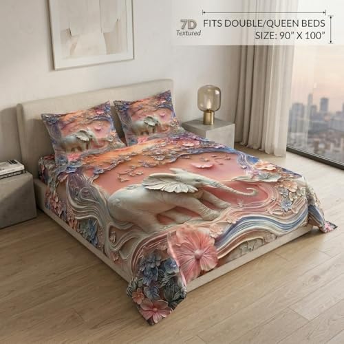Image of Elephant 7D Printed Bedsheet for Double Bed | Glace Cotton 7D Digital Print | 90x100 Inch (228x254 cm) | 1 Bedsheet + 2 Pillow Covers | Soft, Breathable & Vibrant Colour Bedding Set