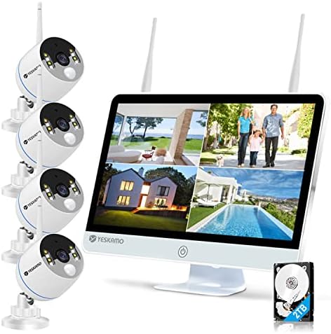 YESKAMO Long Range Wireless Outdoor Home Security Camera System with 16inch 1080p IPS Monitor 2TB Hard Drive [Floodlight & Audio] 3MP Spotlight IP Cameras 8CH WiFi Surveillance System 2 Way Audio