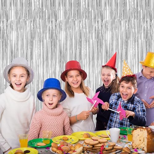 Image of 12 Pack Silver Backdrop. 3.28 FT x 7.05 FT Birthday Decorations, Metallic Silver Fringe Backdrop Foil Curtains Tinsel, Disco Party Decor Photo Booth Props Door Decorations Hanging