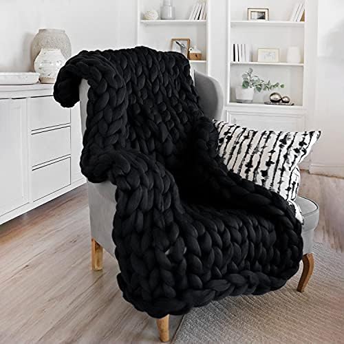 SUNDEARMA Chunky Knit Blanket Throw Merino Wool Blend Yarn Handmade，Black，30x40