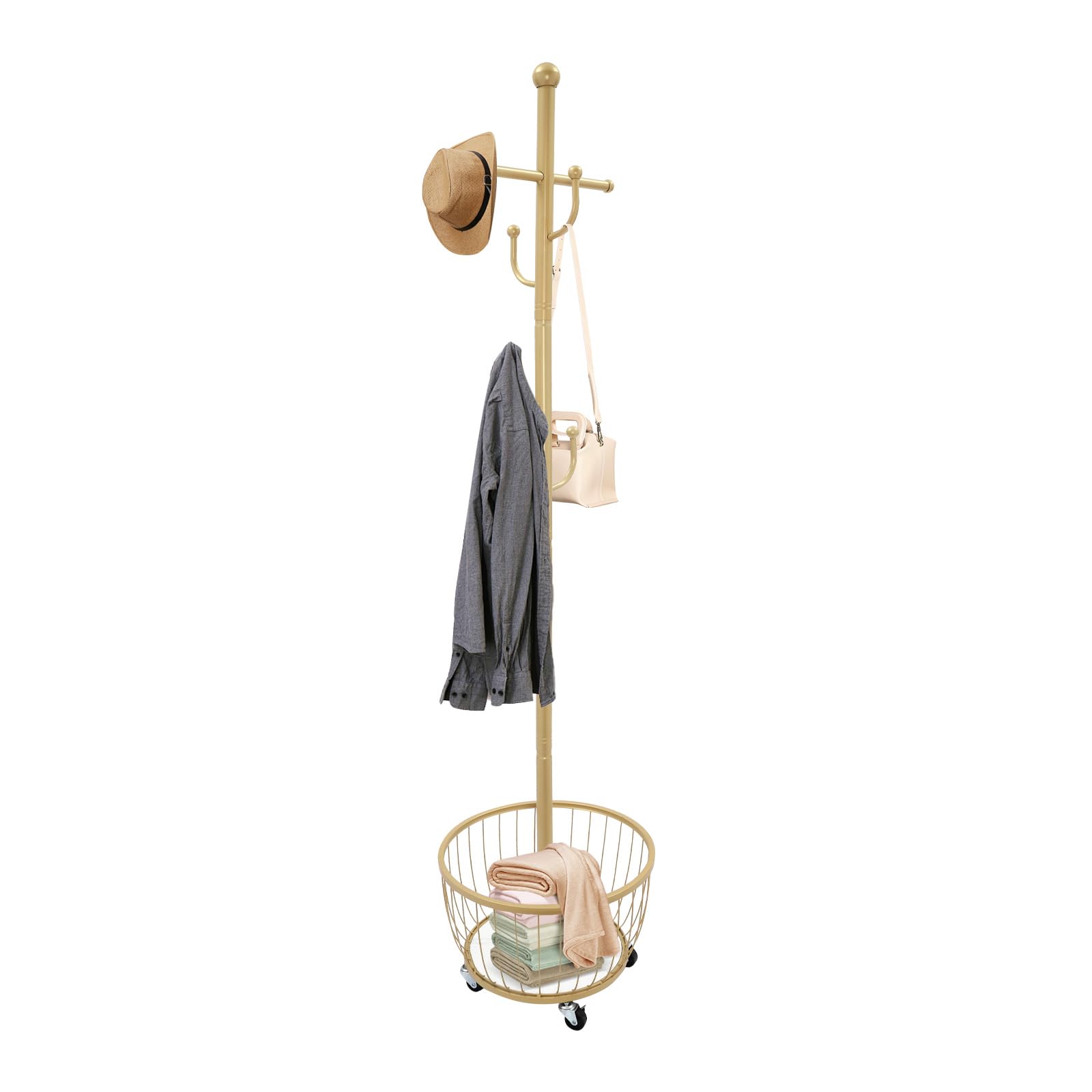 Perchero de entrada con cesta de almacenamiento, perchero de pie con rueda móvil para dormitorio, lavandería, entrada, color dorado