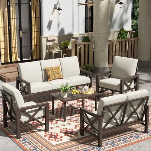 Image of NATURAL EXPRESSIONS 5 Pieces Patio Furniture Set,Outdoor Furniture Sectional Sofa Modern Patio Set for 7 with Deep Seating,High Back Backrest,3 Seater Sofa,Loveseat,2 Fixed Chairs,Metal Table,Beige