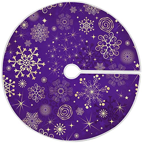 Christmas Tree Skirt Winter Violet Purple with Gold Snowflakes Christmas Tree Skirt Ornaments Mat for Xmas Home Decorations Party Outdoor Decor, 35.4 in