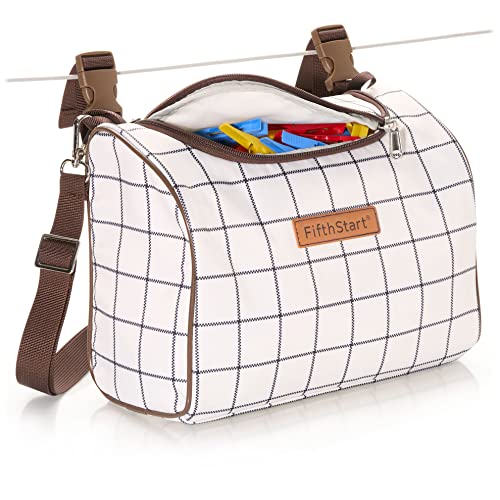 FifthStart Multipurpose Peg Bag - Heavy Duty & Waterproof - Peg Basket - Shoulder Strap, Waist Belt & Washing Line Clips -Versatile Clothes Peg Bag - Holds 300 Pegs (Solid Base, Brown Check)