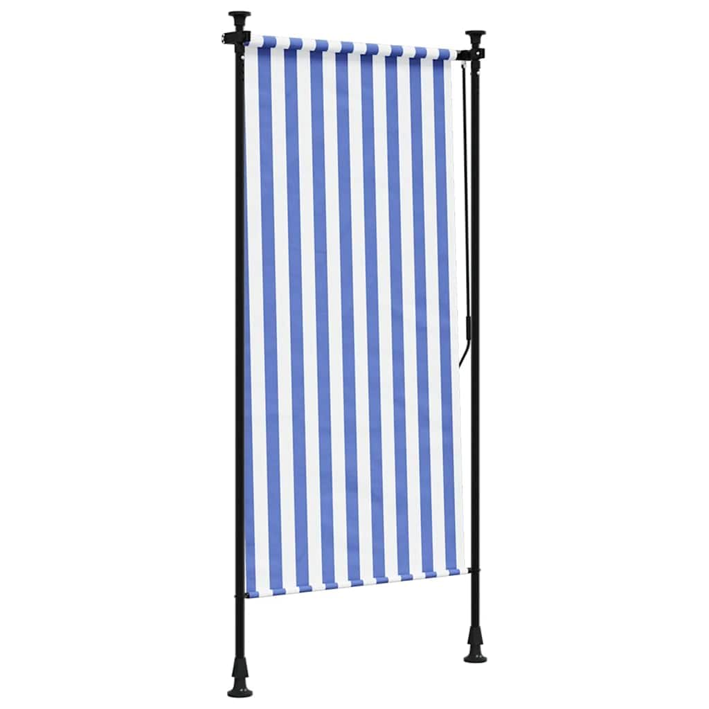 Store Vertical Exterieur avec manivelle sans perçage, Store Enrouleur sans Percage Exterieur, Extensible & Opaque, Paravent de Balcon, Coupe-Vent, Bleu et Blanc 100x270 cm Tissu Acier