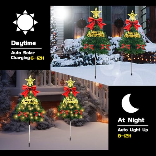 TAILERRI 4 Pack Christmas Tree Solar Pathway Lights Outdoor Decorations, Waterproof Artificial Mini Xmas Tree Stake Lights with DIY Ornamets for Garden Yard Porch Decor (Green Tree) by TAILERRI - Image 4
