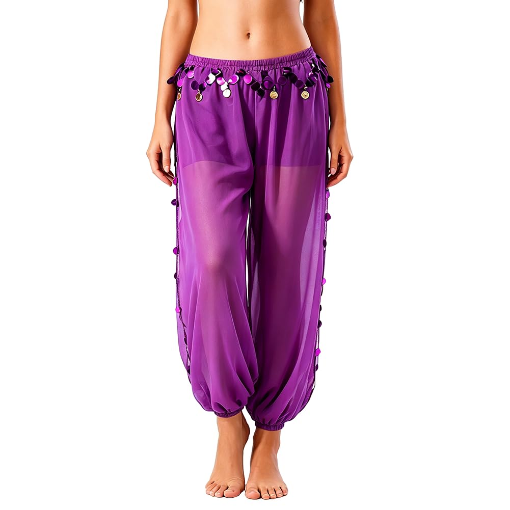 Leemiman Women's Purple Belly Dance Costume Harem Pants Indian Dance Trousers Bollywood Hanging Coin Sequins Lantern Pants Chiffon (Purple)