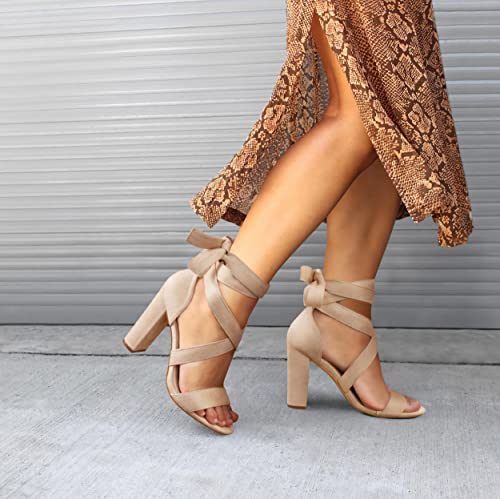 Image of Strappy Heels for Women Chunky Heels High Heeled Sandals with Lace Up Fahsion Casual Nude Block Heel Sandals