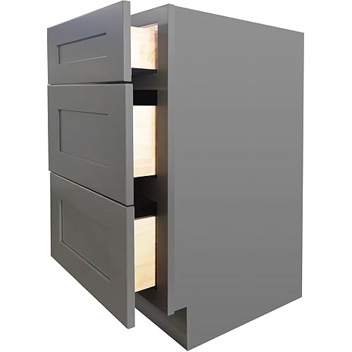 Shaker Style RTA Base Cabinet with 3 Drawers, Solid Wood Frame, Standalone or Modular Design for Kitchen, Bathroom, or Office Storage (Pebble Grey, 15" Width x 24" Depth x 34-1/2" Height)