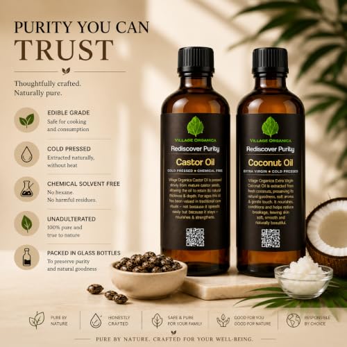 Image of Cold Pressed Castor Oil & Extra Virgin Coconut Oil Combo | 100 ml Each | 100% Pure | Unrefined | Edible Grade | Hexane Free | Amber Glass Bottle | 100ml * 2