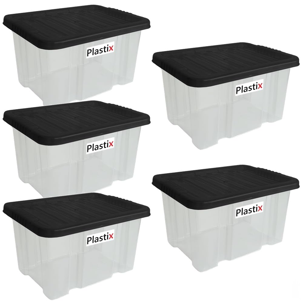 Plastix Set of 5 Clear Plastic Storage Box Boxes With Lids Home Office Stackable UK Made (24 LITRE, With Black Lid)