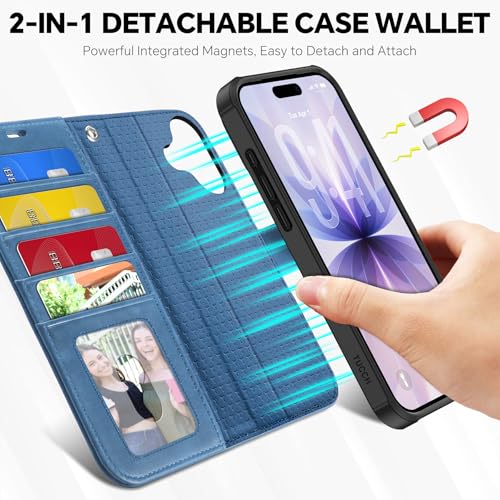 TUCCH Detachable Case Wallet for iPhone 17 (6.3") 2025, Wrist Strap | 4 Card Slots RFID Blocking | Wireless Charging | Stand | 2-in-1 Magnetic | PU Leather | Shockproof Folio Cover | Light Blue by TUCCH - Used condition - Image 3