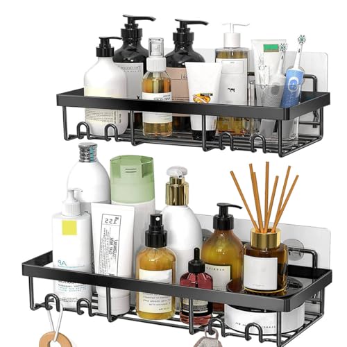 ZIGefofo Estante de ducha sin taladrar, estante de ducha de acero inoxidable con 3 ganchos, estante de baño, organizador de baño, cesta de ducha, champú, gel de ducha para soporte, ducha, inodoro,