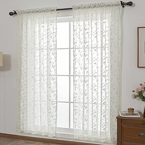H.ebony Ivory Lace Curtains 63 Long - Cream Leaf Sheer Lace Curtains Set For Living Room/French Door, Airy Country Off White Lace Window Curtains 2 Panels, 52 X 63 Inch, Beige #TOP7