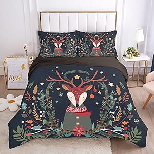 Dekbedovertrek 220×240,Kerst Dekbed Set Zachte Gezellige Beddengoed Set Schattige Elanden Plant Print Kinderen Meisjes Kingsize Dekbedovertrek Slaapkamer Decor Voor Vriend Kerstcadeaus,Koning