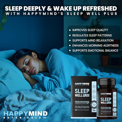 Image of HappyMind Botanicals Sleep Well Plus | Ayurvedic Melatonin Deep Sleeping Tablets | Anti- Anxiety Calm Sleeping Pills for undisturbed Restful Night | Tagar, Ashwagandha, Jatamansi | 60 Vegan Tablets
