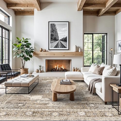 RUUGME Washable 12x12 Area Rug - Large Vintage Area Rugs with Non Slip Backing Stain Resistant Carpet for Bedroom Dining Room Indoor Soft Carpets Home Decor Decoration Mat 12x12 Beige