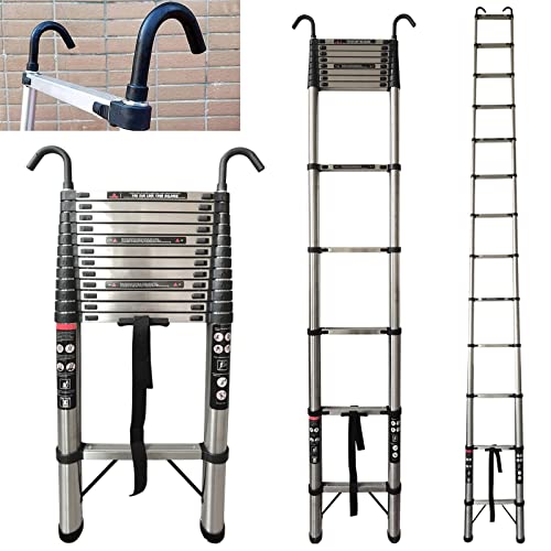 16.5FT 5M Roof Ladders Extendable Telescopic Step Ladder Extension Ladder with Hooks and Non-Slip Feet Portable Loft Ladders Stainless Steel Folding Ladder 12 Steps Tall Ladder 330lb Capacity