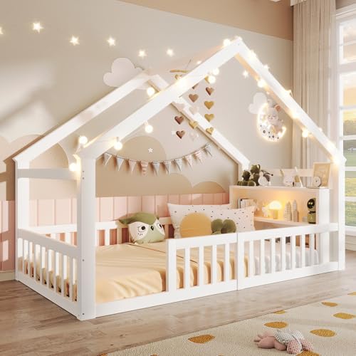 Kebnor Cama plana para niños con rejilla, listón de casa, madera de pino, sin colchón, estilo minimalista, color blanco (90 x 190 cm)