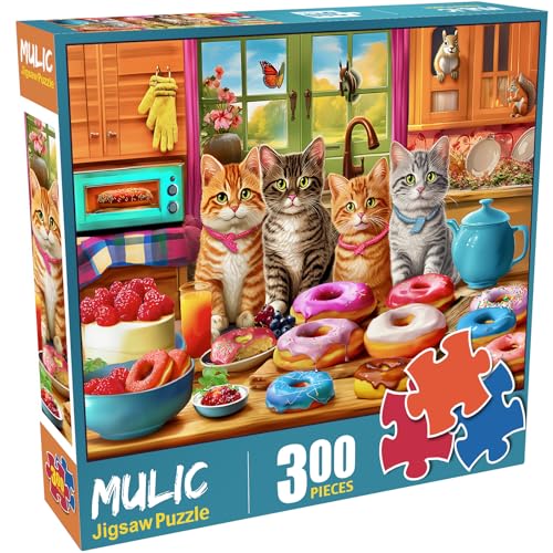 Image of 300 Pieces Jigsaw Puzzles for Adults - Puzzles for Kids Ages 6-8 8-10 10-12 - Large Piece Puzzles for Seniors - Kitchen Kittens and Donuts