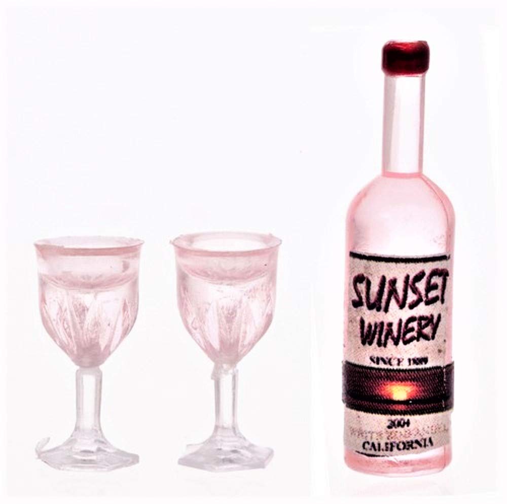 Dollhouse Miniature Rosé Wine & 2 Filled Glasses