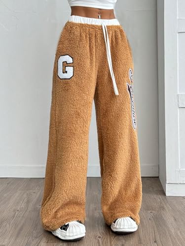 Image of ZAFUL Women's Fuzzy Plush Pajama Pants Wide Leg Pj Bottoms Lounge Pants