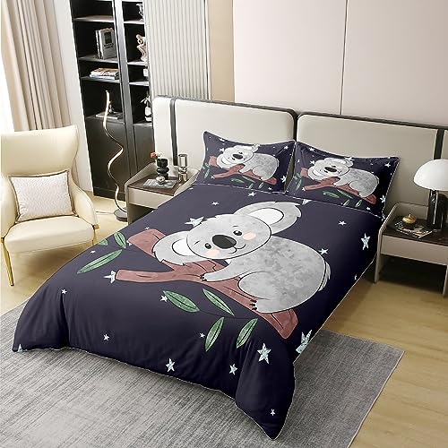 Kids Koala 100% Cotton Duvet Cover Single,Cartoon Koala Pattern Bedding Set for Boys Girls,Tree Branch Green Leaf Glitter Stars Comforter Cover,Cute Jungle Animal Quilt Cover with 1 Pillowcase - Image 2