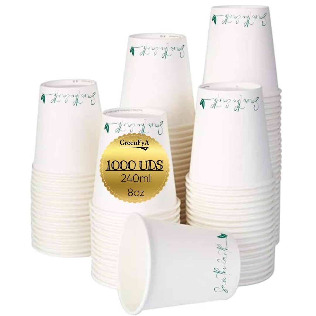 1000 Vasos Desechables 240ml (8oz) Ecológicos – Vasos Cafe Desechables - Blancos o Kraft – Bebidas Calientes y Frías – Uso en Oficina, Hostelería, Eventos, Catering y Takeaway