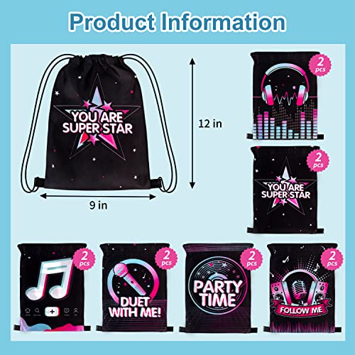 12 Pack Music Party Supplies Favor Drawstring Bags For Kids' Birthday, Boys Girls Music Tiktok Drawstring Backpack Bag As Loot And Goodie Bags For Gifts, Treat, Candy, School, Travel Or Birthday Party #TOP1