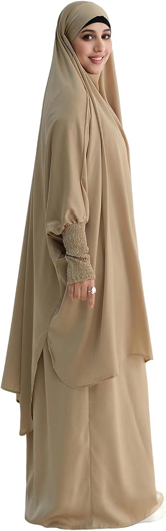 Muslim Women Abaya Two Pieces Set Prayer Dress Elasticated Sleeves Islamic Robe Modest Full Cover Prayer Clothes
