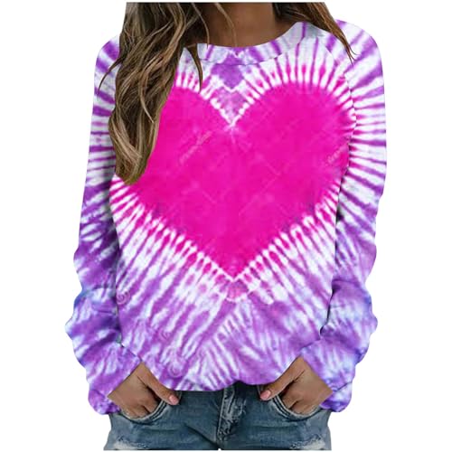 AMhomely T Shirts for Women UK Printed Long Sleeve Womens Tops Tie-dye Heart Print Casual Pullover Tops Blouse Rainbow Love Graphic Crewneck Sweatshirts Oversized Casual Blouse Multicolor L