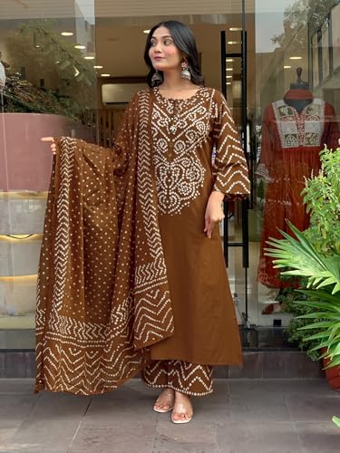 Image of GoSriKi Kurta Sets for Women Rayon Viscose Bandhani Printed | Kurti Set for Woman | Kurta Pant Dupatta Set | Straight Kurti | Round Neck 3 /4 Sleeve Suit Set for Women Stylish Ethnic Outfit