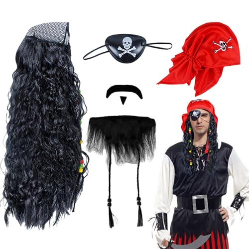 UILYNIU 4 Piezas Juego de Disfraz de Pirata Hombre - Peluca, Sombrero, Barba y Parche en Ojo - Accesorios para Cosplay, Carnaval, Halloween