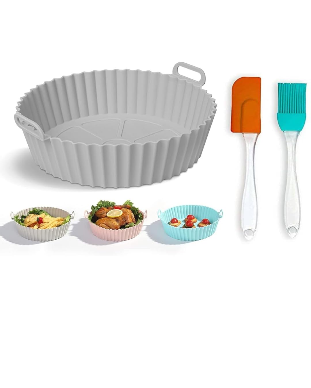 Air Fryer Silicone Liner Set, Round Basket Baking Tray with Handles, Grey, Includes Oil Brush and Spatula-image-6
