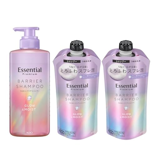 【セット品】エッセンシャルプレミアムバリアシャンプー グロー&モイスト 本体 1個 つめかえ用 2個 ガーデニア&ジャスミンの香り 合成着色料不使用