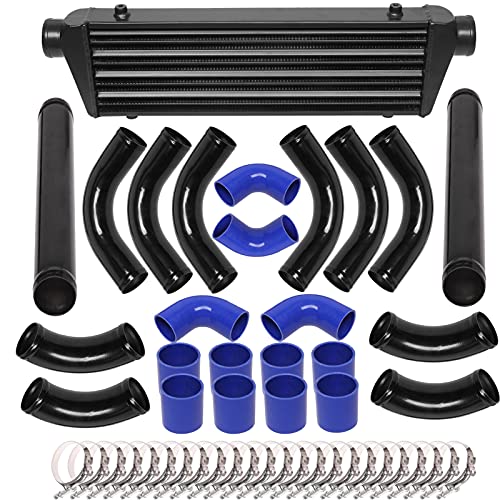 Aluminum Intercooler Hoses - Fin Front Mount with Black Intercooler & 12pcs Chrome Hoses & 24pcs T-Bolt Clamps & Necessary Hardware