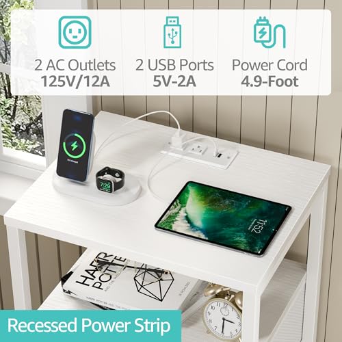 Image of BOLUO White Nightstand with Charging Station, LED Night Stand with 2 Fabric Drawers, Bedside Table with USB Ports and Outlets, Nightstand for Bedroom Modern