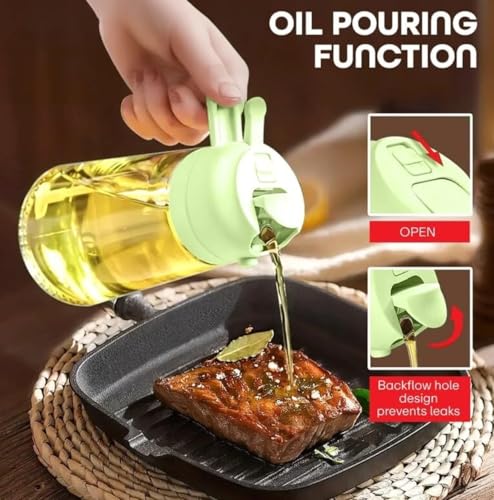 Image of DIZOO 2 in 1 Oil Sprayer Dispenser for Cooking, 500ml Leakproof Glass Oil Bottle, Anti-Drip Spray & Pour for Air Fryer, BBQ, Salad (Green)