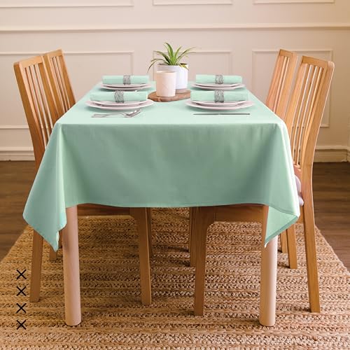 Image of Encasa XO Dining Table Cover Cloth for 4 to 6 Seater | 140x180 cm Cotton Canvas Rectangular Table Cloth | Machine Washable Tablecloth for Indoor & Outdoor Use - Mint Green Solid Color