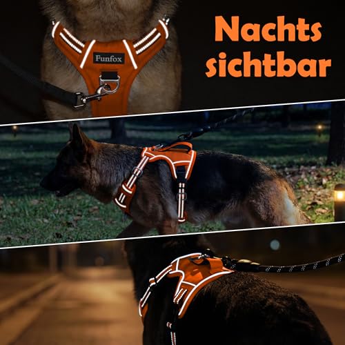 Funfox Hundegeschirr Mittelgroße Hunde [L] - Verstellbares Anti-Zug Brustgeschirr mit Griff & Reflektorstreifen, Atmungsaktives No Pull Hundegeschirr für Grosse/Kleine Hunde Outdoor Orange