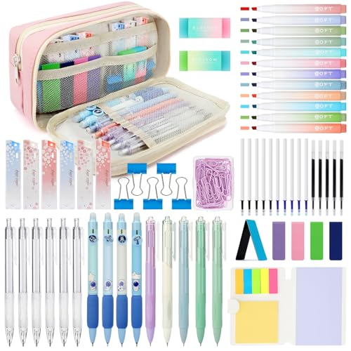 ESSALOO 63 Material escolar estético com estojo, 12 sobremesas pastel, 5 canetas de gel, 4 canetas apagável, 6 cortinas, material escolar estético, conjunto papelaria estética, ROSA, B0009Z