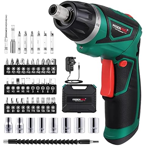 POSENPRO Cordless Screwdriver Rechargeable 7.2 Volt 1500mAh Li-ion Power Screw Guns with Twistable Handle & 48 Piece Drill and Screw Accessories,BMC Packing Cover