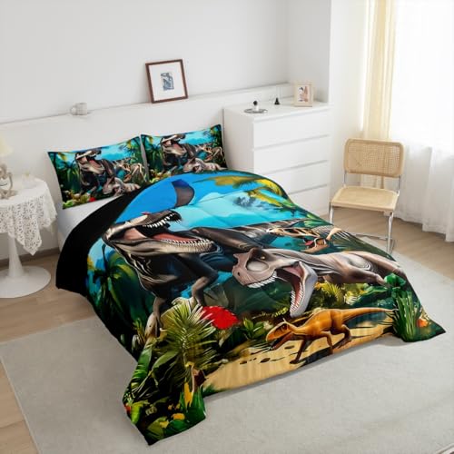 Image of Feelyou Dinosaur Dino Jungle Comforter Set King Size Boys Girls Bedding | Children Wild Animal All Season Breathable Soft Duvet Set Quilt Set Room Decor Microfiber 3Pcs Warm Cozy Lightweight