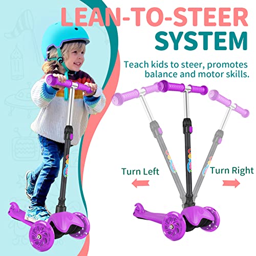 BELEEV A1 Scooter for Kids Ages 2-6, 3 Wheel Scooter with Light-Up Wheels, Non-Slip Deck, Adjustable Handlebar Height, Lean to Steer, Wide Platform, Purple - Thumbnail 4