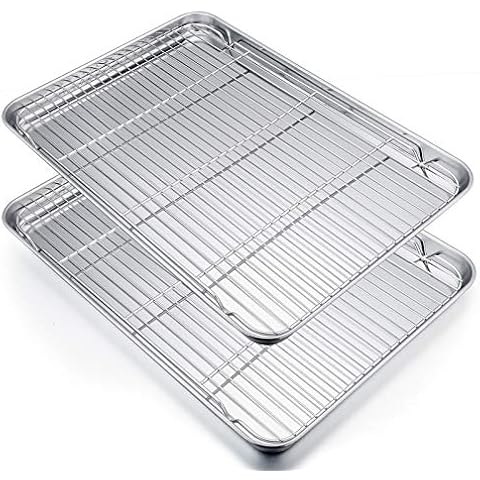 P&P CHEF Extra Large Baking Sheet and Cooking Rack Set, Stainless Steel Cookie Half Sheet Pan with Grill Rack, Rectangle 19.6''x13.5''x1.2'', Oven & Dishwasher Safe, 4 Piece (2 Pans+2 Racks) Cover